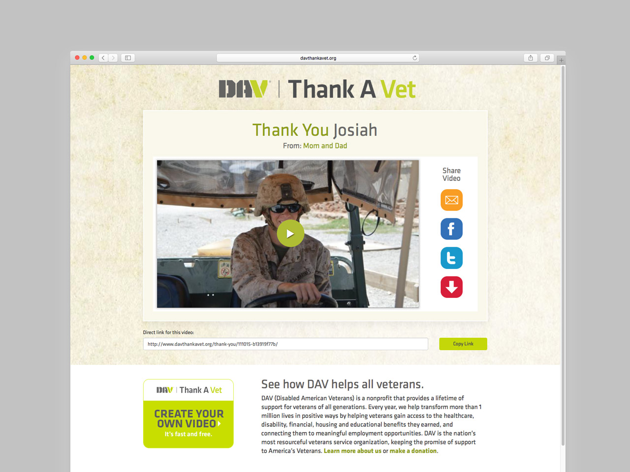 DAV Thank A Vet Personalized Thank You Video Page